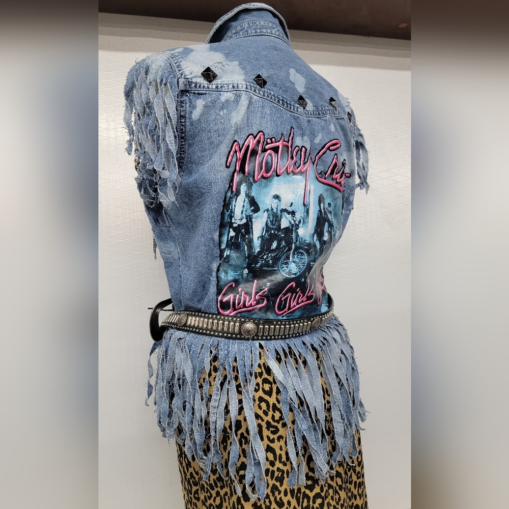 Motley Crue Fringed Denim Jean Shirt Vest  Upcycled Rock Couture - Picture 7 of 12